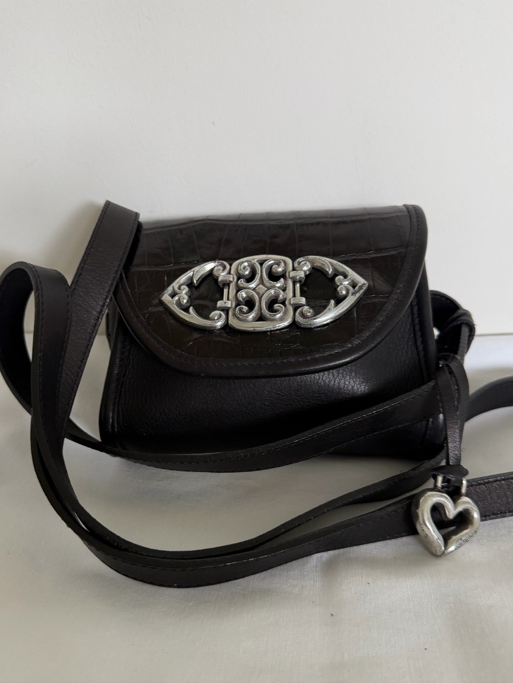 Brighton Black Leather Croc Embossed Flap Crossbody Bag